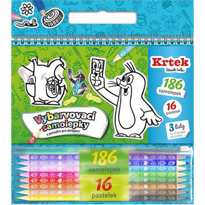 Krtek samolepky na vyfarbovanie + 16ks pasteliek                                