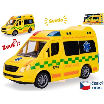 Ambulancia 21,5cm 1:20 na zotrvačník na batérie so svetlom a zvukom v krabičke  