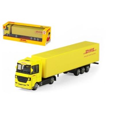 Auto kamión s návesom DHL plast 19cm na voľný chod v krabičke 20x6x4cm          