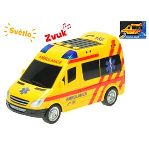 Auto ambulancia 18cm na zotrvačník na batérie so svetlom a zvukom v krabičke    